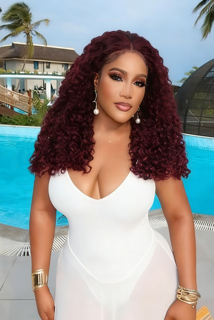 5x5 Burmese Curly HD Lace Frontal Wigs Human Hair Burgundy 99J Color High Quality 100% Human Hair