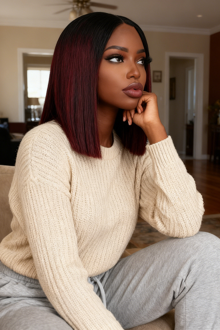 2x6 Silk Straight Bob Lace Frontal Wigs Human Hair 1B/99J Ombre Color High Quality 100% Human Hair