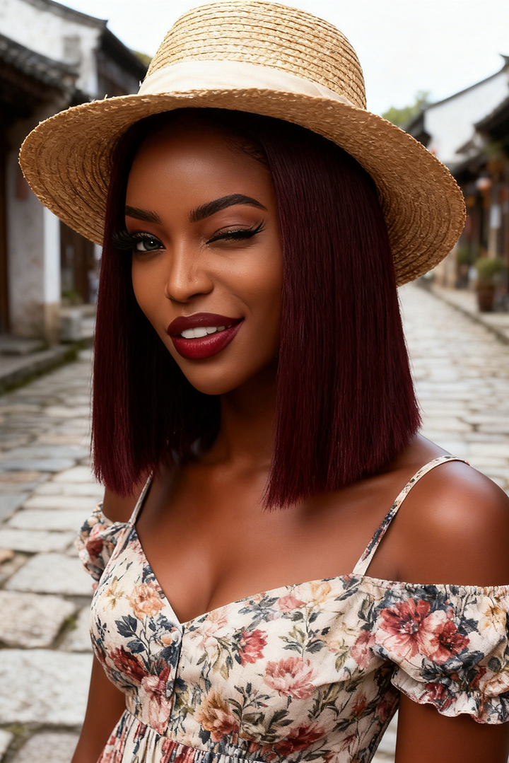 2x6 Silk Straight Bob Lace Frontal Wigs Human Hair 99J Color High Quality 100% Human Hair