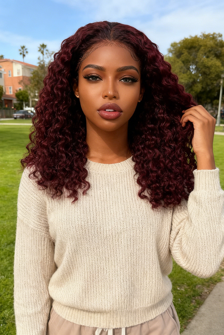 5x5 Burmese Curly HD Lace Frontal Wigs Human Hair Burgundy 99J Color High Quality 100% Human Hair