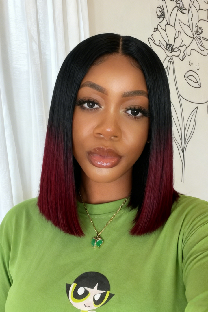 2x6 Silk Straight Bob Lace Frontal Wigs Human Hair 1B/99J Ombre Color High Quality 100% Human Hair