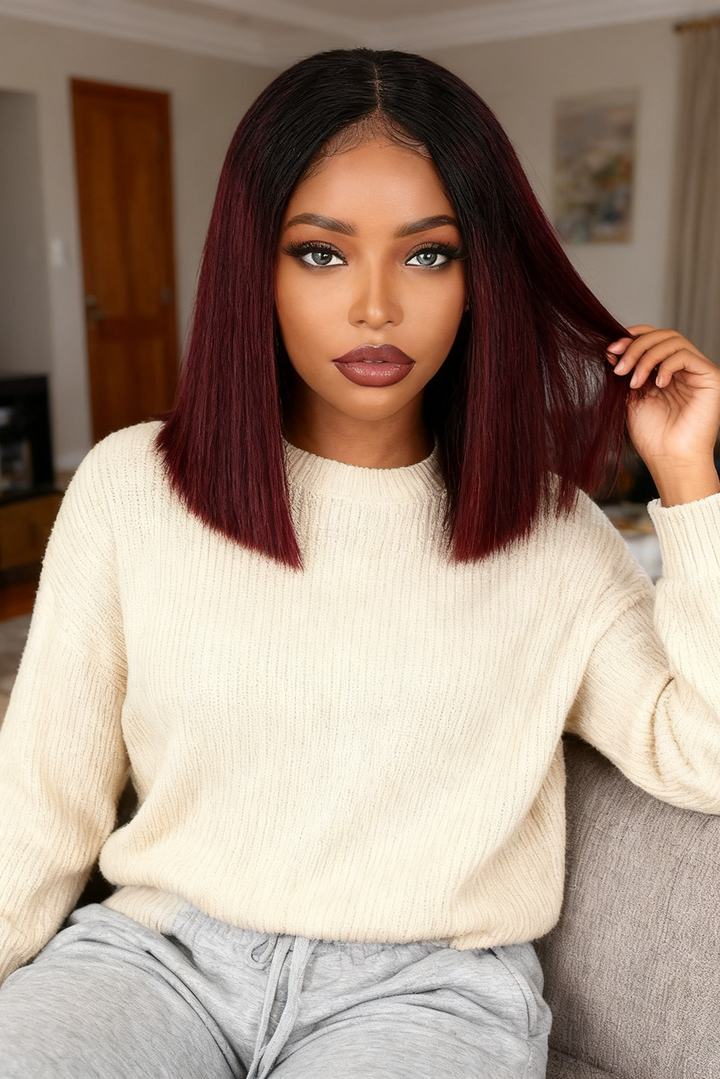 2x6 Silk Straight Bob Lace Frontal Wigs Human Hair 1B/99J Ombre Color High Quality 100% Human Hair