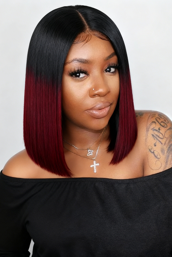 2x6 Silk Straight Bob Lace Frontal Wigs Human Hair 1B/99J Ombre Color High Quality 100% Human Hair