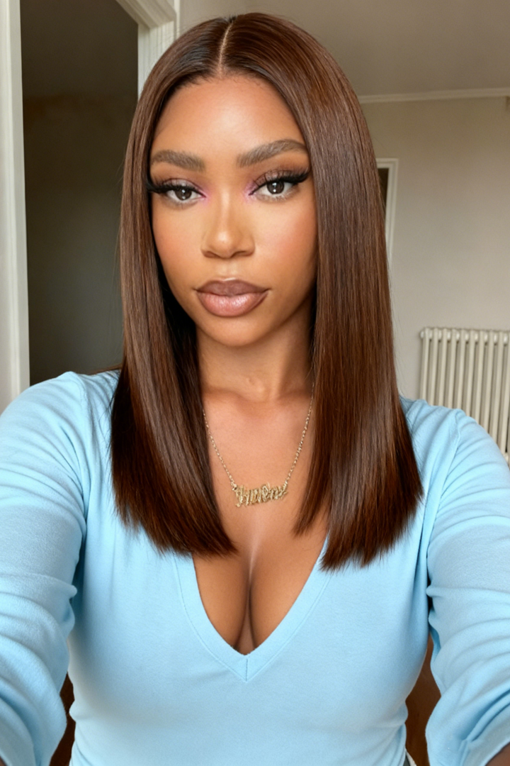 2x6 Silk Straight Bob Lace Frontal Wigs Human Hair 4# Brown Color High Quality 100% Human Hair