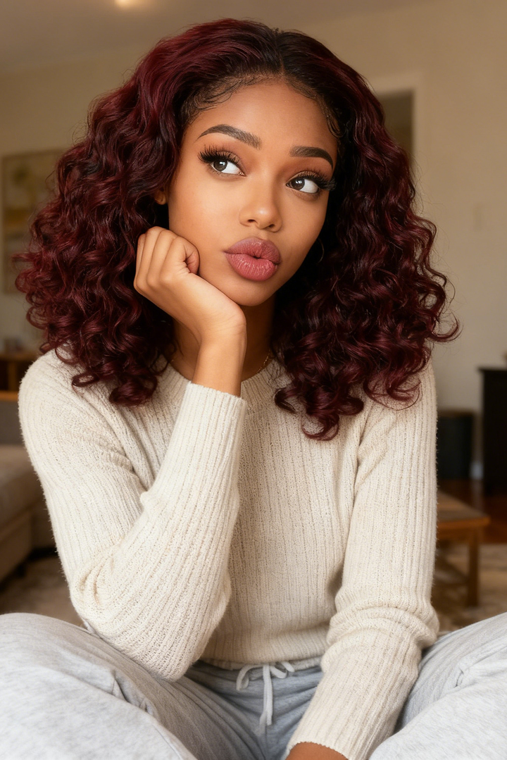 5x5 Bouncy Curly HD Lace Frontal Wigs Human Hair Burgundy 99J Color High Quality 100% Human Hair