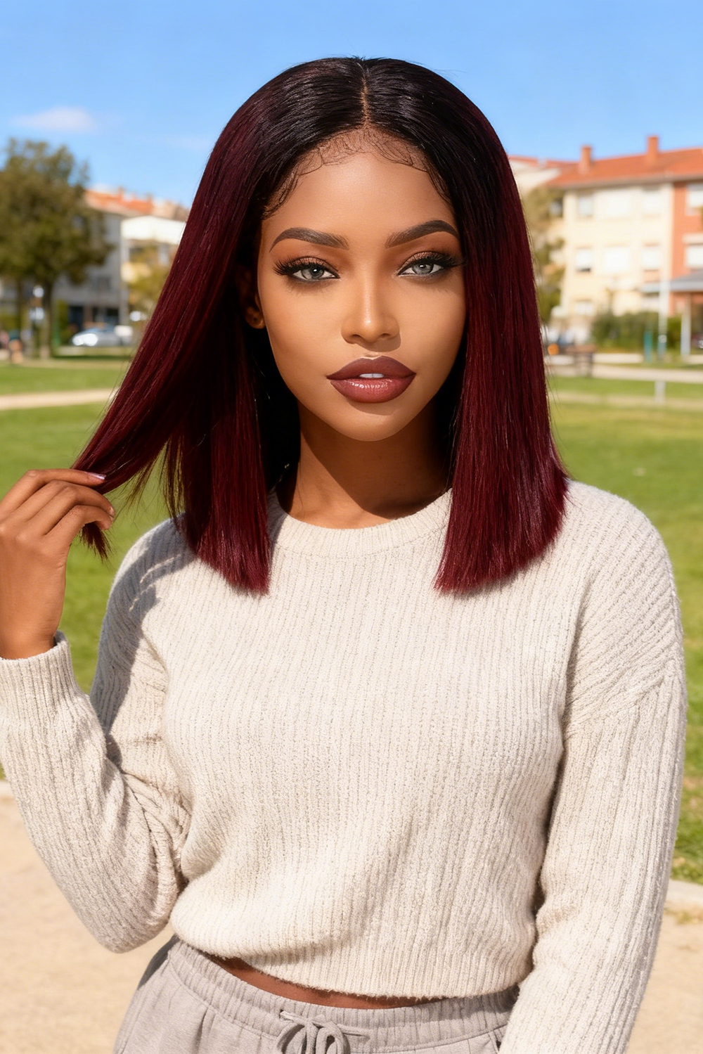 2x6 Silk Straight Bob Lace Frontal Wigs Human Hair 1B/99J Ombre Color High Quality 100% Human Hair