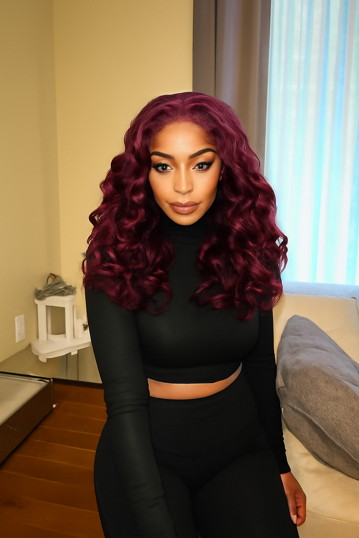 5x5 Bouncy Curly HD Lace Frontal Wigs Human Hair Burgundy 99J Color High Quality 100% Human Hair