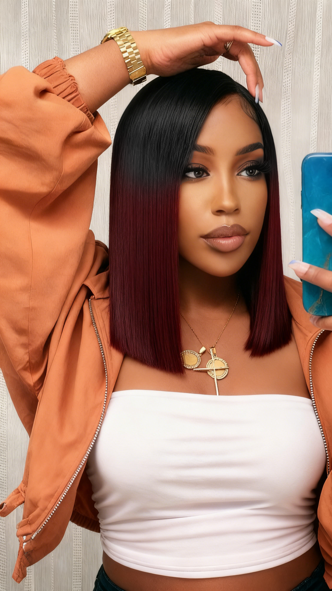 2x6 Silk Straight Bob Lace Frontal Wigs Human Hair 1B/99J Ombre Color High Quality 100% Human Hair